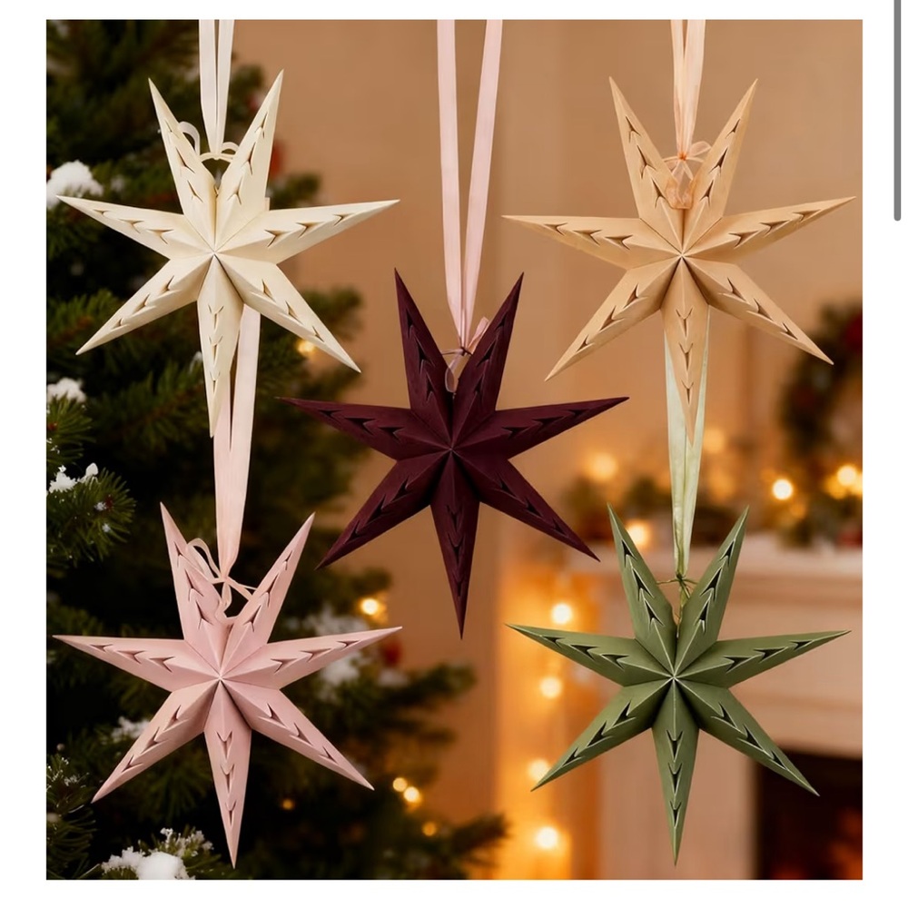 Bohemian Christmas Ornaments 12” Flocked Paper Star Lantern-5pc.Set